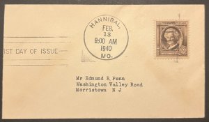 SAMUEL LONGHORNE CLEMENS #863 FEB 13 1940 HANNIBAL MO FIRST DAY COVER (FDC) BX5