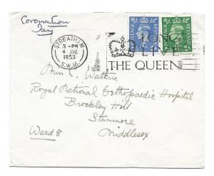 Streatham to Stanmore, England 1953 unofficial Coronation Day Cover, Cancel