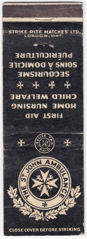 Canada Revenue 1/5¢ Excise Tax Matchbook THE ST. JOHN AMBULANCE