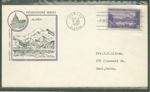 US 800 1937 3c alaska / possession series on an addressed, typed fdc with a juneau, ak cancel and a fidelity cachet