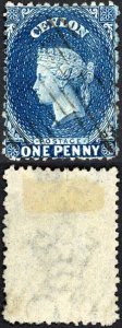 Ceylon SG 63b 1d Deep Blue Wmk CC (small) Cat 17 pounds