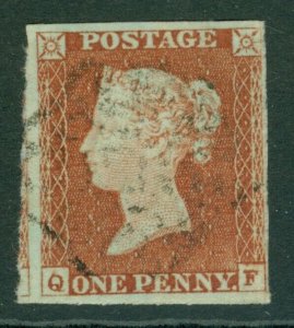 SG 8 1d red-brown plate 30 lettered QF. Very fine used, 4 close to huge margins 