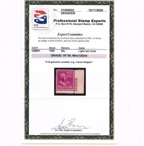 GENUINE SCOTT #831 VF MINT PRISTINE OG NH PSE GRADED CERT 50¢ PLATE PNS #22205