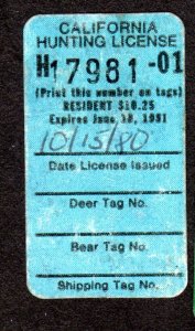 California Hunting License # CAHV-19  1980-81    Lot 200532