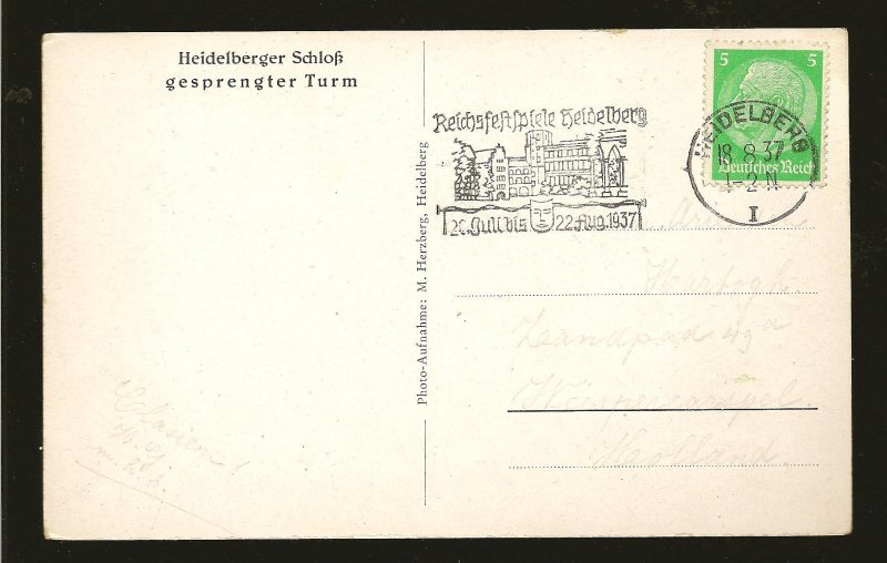 Germany SC#418 on PM 1937 Heidelberg Postcard Used