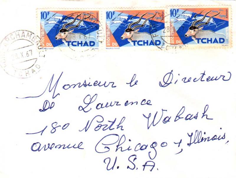 Chad 10F Addax (3) 1967 Fort-Archambault, Tchad to Chicago, Ill.  Corner bit ...