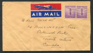 1943 Tipp City, Ohio to Toronto, Ontario Canada with Tied Air Mail Label