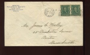 314 Schermack TYPE 3 PAIR on 1909 BOSTON PHILATELIC SOCIETY Cover (LV1797)