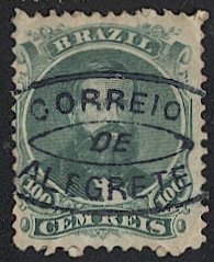 BRAZIL  1866 Sc 58 Used 100r VF, Emperor Don Pedro, double oval ALEGRETE cancel