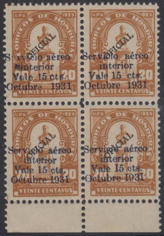 HONDURAS 1931 AIRPOST Sc Unlisted Sanabria 81 BLOCKx4 S vicio +I931 + I93I 