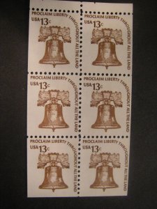 Scott 1595a, 13c Liberty Bell, pane of 6, MNH Americana booklet pane of 6