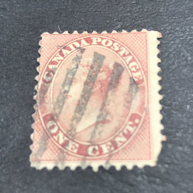 CANADA # 14--USED----SINGLE---ROSE---NIPPED PERF ON CORNER--1859