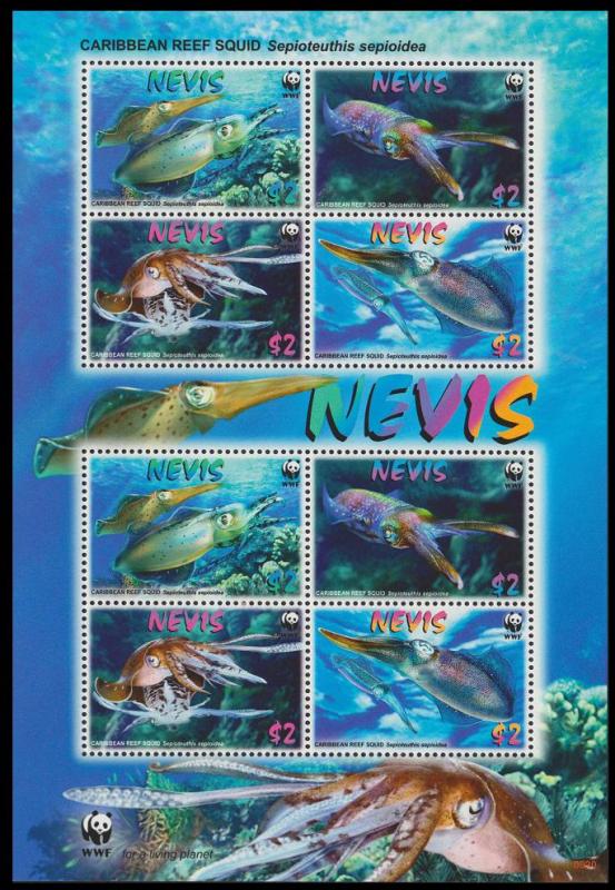 Nevis WWF Caribbean Reef Squid Sheetlet of 2 sets / 8 stamps SG#MS2159