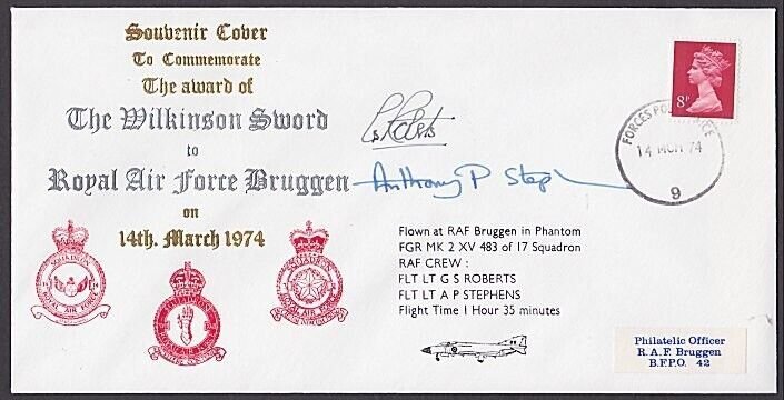 GB 1974 RAF Bruggen signed flight cover - Award of Wilkinson Sword.........a4060