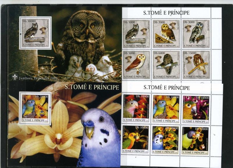 ST.THOMAS & PRINCE ISLANDS 2003 BIRDS 2 SHEETS OF 6 STAMPS & 2 S/S MNH 