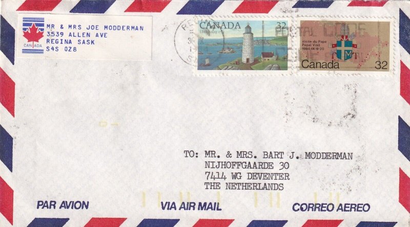 SA22f Canada, Regina Sask 1984 to Deventer, Netherlands - Air Mail cover