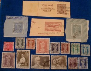 India 14 different used stamps & 4 diff postal stationary pieces 