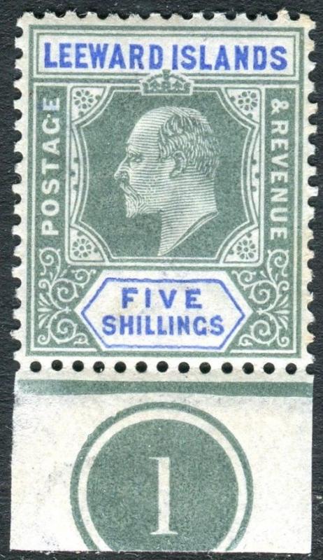 LEEWARD ISLANDS-1902 5/- Green & Blue fine LMM bottom marginal example Sg 28