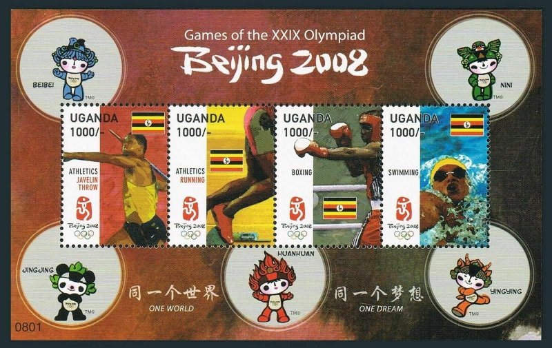 Uganda 1891 qd sheet,MNH. Olympics Beijing-2008.Javelin,Running,Boxing,Swimming. 