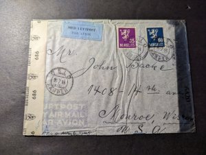 1945 Censored Norway Airmail Cover Oslo to Monroe WI USA