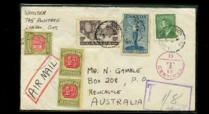 Postage due to AUSTRALIA T60 centimes dues tied post postes 1953 cover Canada