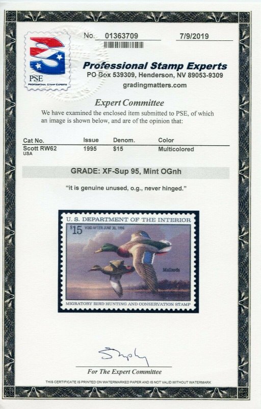 US SCOTT #RW62, Mint-XF-Sup-OG-NH Graded 95 PSE Certificate SMQ $90 (DFP 12/12)