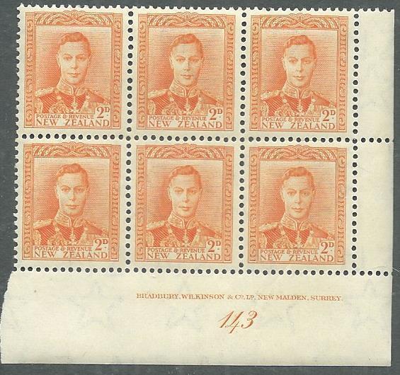 NEW ZEALAND GVI 2d plate block #143 MNH....................................64539