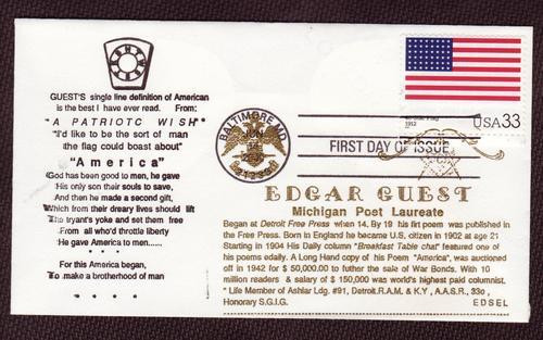 #3403 48 Star Flag - Edgar Guest -EDSEL MASONIC  CACHET