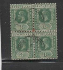 SEYCHELLES #92 1921 3c KING GEORGE V F-VF USED BLOCK 4