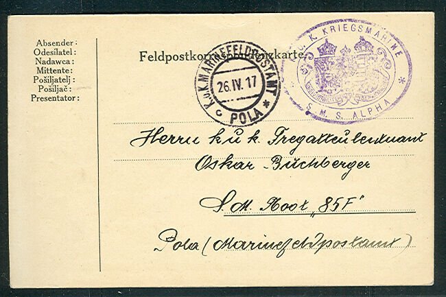 1917, Hungary naval Feldpost card, ship ‘ALPHA’