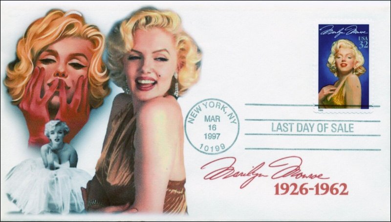 SC 2967-2,1995, Marilyn Monroe, BW Pictorial Postmark,  Add On Cachet, Last day  