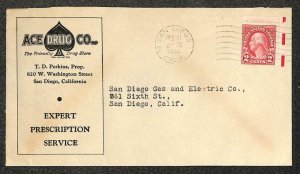 USA #634 STAMP SAN DIEGO CALIFORNIA ACE DRUG CO MEDICAL ADVERTISING COVER 1936