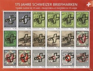 Grenada 2020 - Swiss Postage History - Gold Overprint Sheet of 18 Stamps - MNH