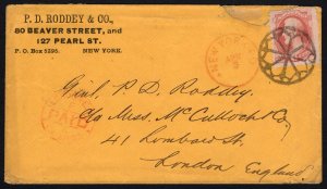 GORGEOUS, Complete NYFM Geometric Fancy Cancel on 1875 Cover to London