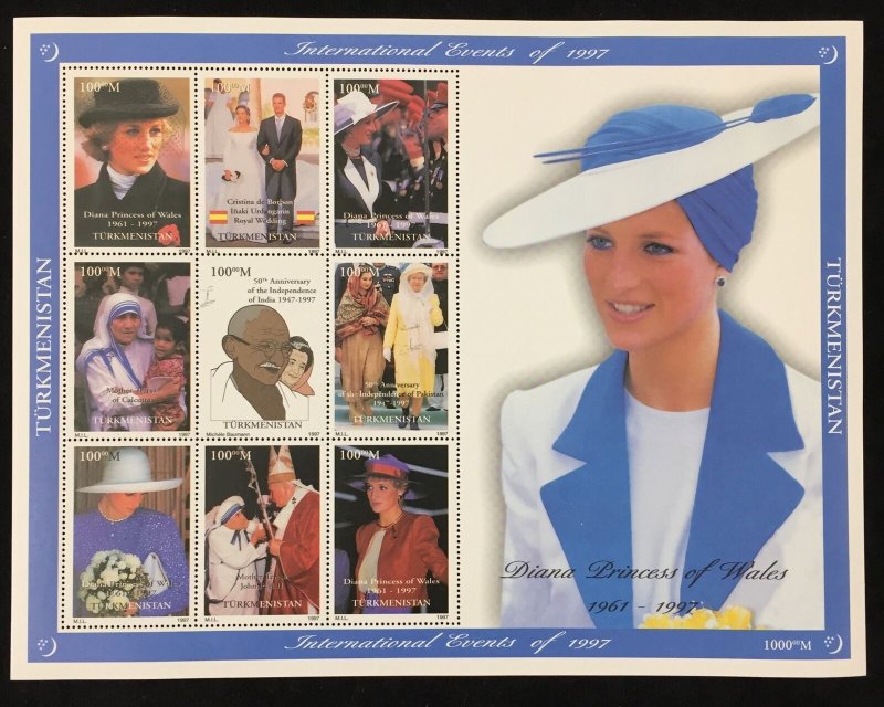 Turkmenistan Soccer Cats Kangaroo Tigers Lady Diana Sheets MNH x 7 MK3234