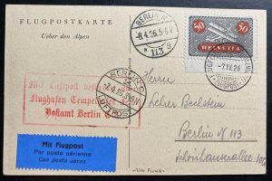 1926 Switzerland RPPC Postcard Airmail First Flight Cover FFC To Berlin Germany