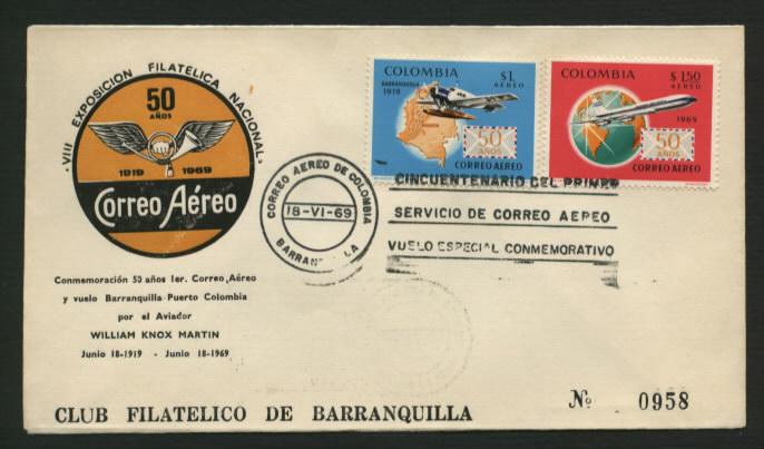 Colombia # C514 - C515 Anniv 1st Air Post Flight FDC