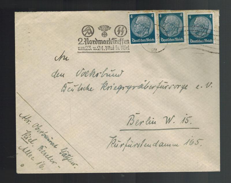 1936 Kiel Germany Cover to Berlin 2 Nordmark Treffen Waffen SS Cancel