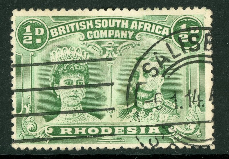 Rhodesia 1910 BSAC ½p Yellow Green Perf 14 Double Head Scott #119 VFU H569