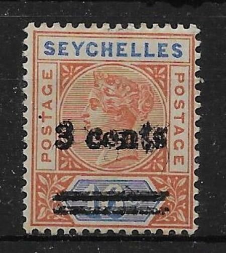 SEYCHELLES SG38b 1901 3c ON 16c CHESTNUT & BLUE OVPT DOUBLE VAR MTD MINT CERT