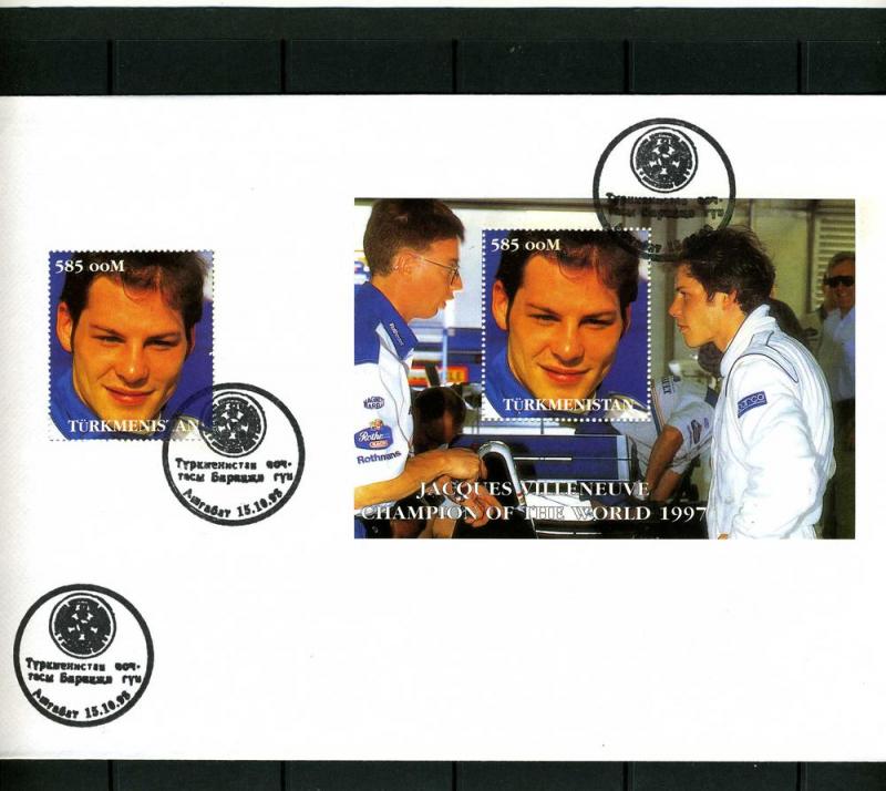 Turkmenistan 1998 Formula 1 J.Villeneuve Set + s/s Perforated in official FDC