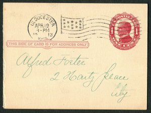 1913 US Postal Card Gloucester MA Flag Cancel AOUW Lodge Assessment Red McKinley