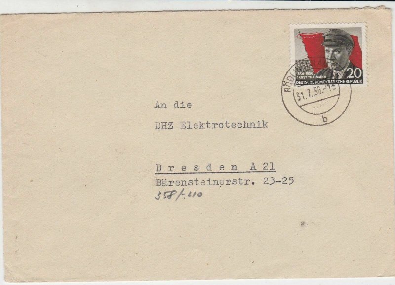 German DDR 1956 Roblingen am See Cancel Ernst Thalmann Stamp Cover Ref 30141