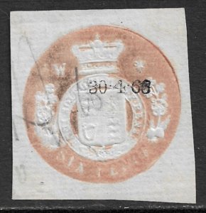 GREAT BRITAIN 1866 6d Vermilion Round Arms Embossed Revenue Used