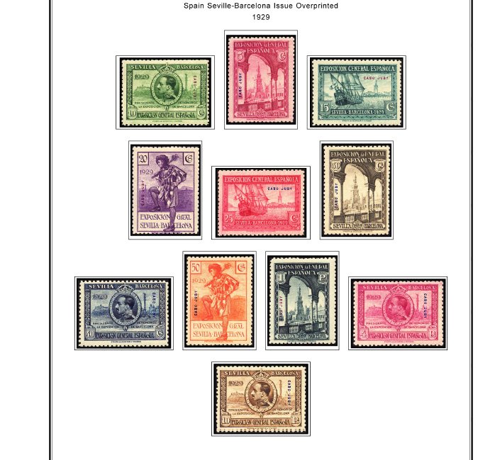 COLOR PRINTED CAPE JUBY 1916-1948 STAMP ALBUM PAGES (13 illustrated pages)