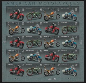 US #4085-88 39c Motorcycles Sheet, VF/XF OG NH, fresh sheets, STOCK PHOTO