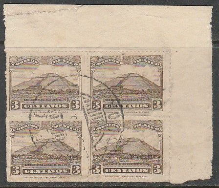 MEXICO 635, 3¢ PYRAMID OF THE SUN Unwmk USED BLOCK OF FOUR. F-VF. (1)