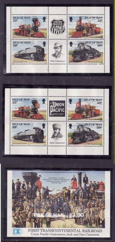 Isle of Man-Sc#517b x 2,518a-unused NH panes from the booklet-Trains-Locomotives