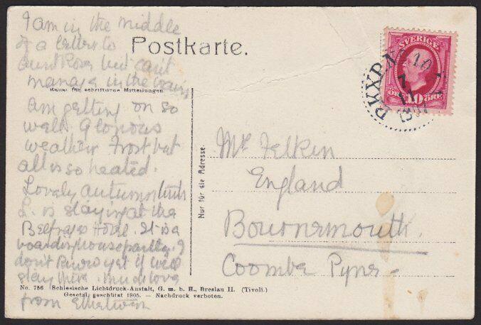 SWEDEN 1907 postcard to UK with Railway cancel.............................67929