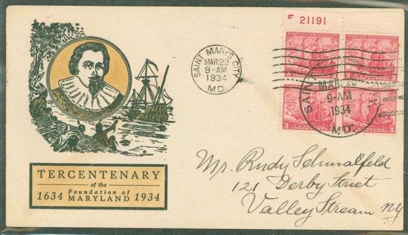 US 736 (1934) 3c maryland Tercentenary (block of four with plate #) on an addressed First Day Cover with a linprint cachet